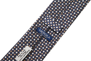 メローラ BLUE LABEL ネクタイ ◇ シルク ◇ シャイニーネイビー サークル×スクエア (シルバー×ゴールド)