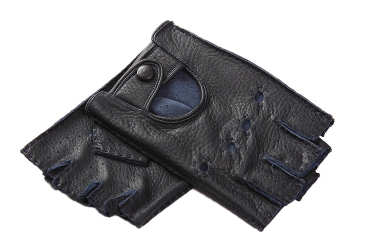 メローラ メンズ手袋◆ディアスキンドライビンググローブ◆ネイビー/BLUE《指なしタイプ》