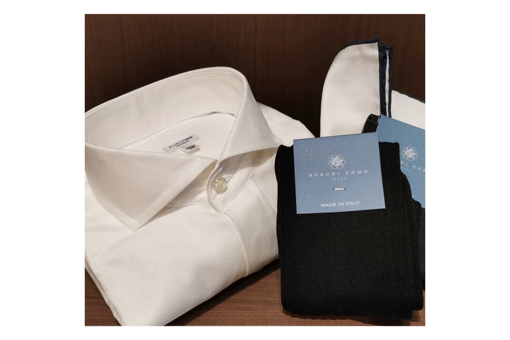 【ビジネス向け】オックスフォードシャツ (ホワイト)・ポケットチーフ・ソックス(2足)セット